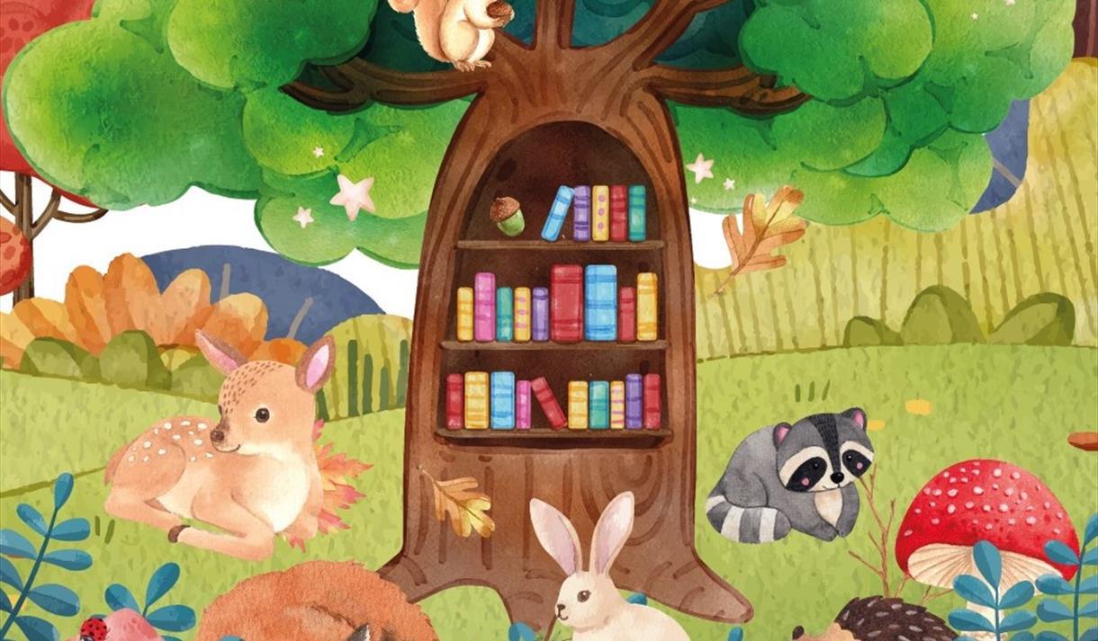 Woodland image with cartoon deer, racoon, rabbit and a tree with books in the middle.