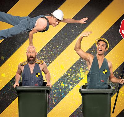 Graphic of the Trash Test Dummies Circus show featuring two of the perfromers stood in bins and the third flying above them.