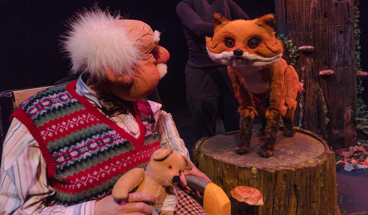 Photo of the stage show including a puppet of a man and a fox.