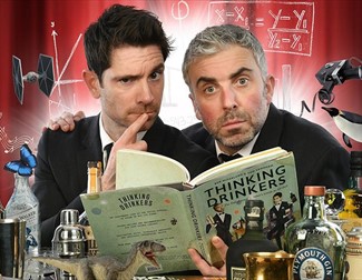 two men surrounded by drinks with a book called thinking drinkers