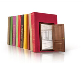a row of books with a doorway through them