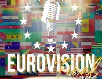 Background of flags with a microphone and words Eurovision final showing