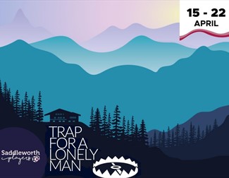 Stylistic mountain range and forest lodge in silhouette
