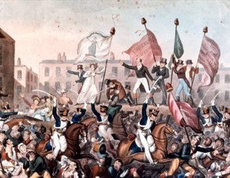 A coloured print of the Peterloo Massacre