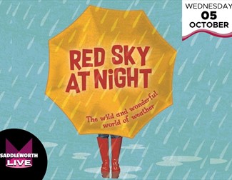 artist image of yellow umbrella in the rain with red sky a night written over it