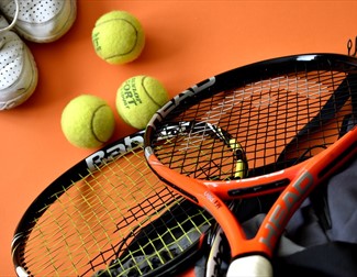 tennis equipment, racquet and balls