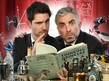 two men surrounded by drinks with a book called thinking drinkers