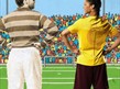 two footballers stand with their back facing towards you