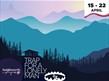 Stylistic mountain range and forest lodge in silhouette
