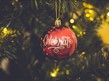 Red Celebrate Print Baubles Hang on Green Christmas Tree
