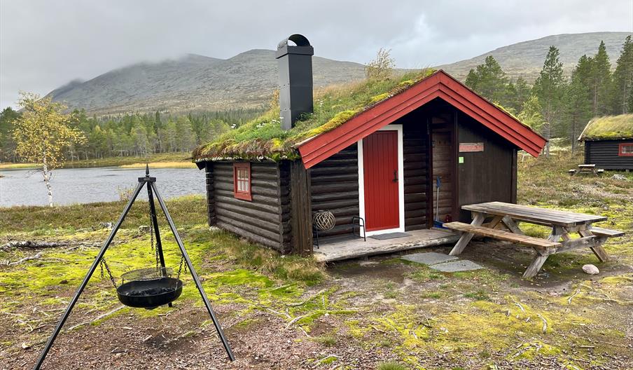 Tømmerhytte med torvtak, i fjellandskap