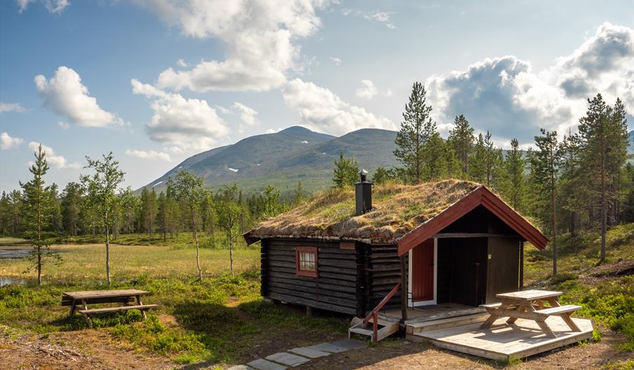 Tømmerhytte med torvtak i fjellandskap