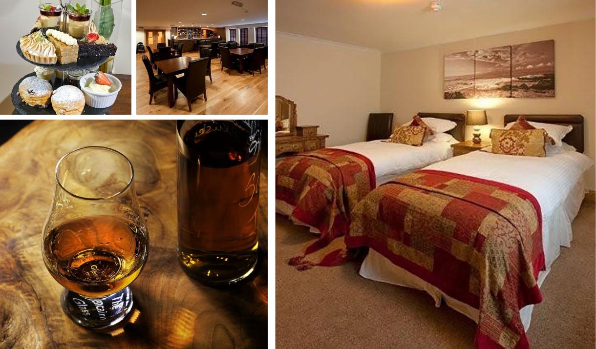 Borve House Hotel - twin room, selection of afternoon tea cakes, interiror of restaurant and a glass of Scottish Malt whisky.