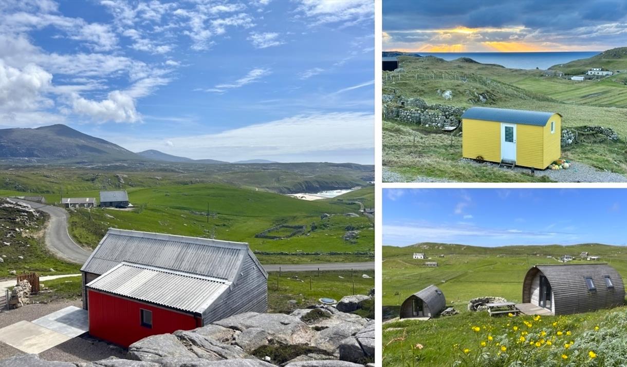 Mangersta Steading a vernacular cottage on a rocky hill overlooking rugged hills, sloping down to a beach. A Shepherd's Hut and two wooden cabins.