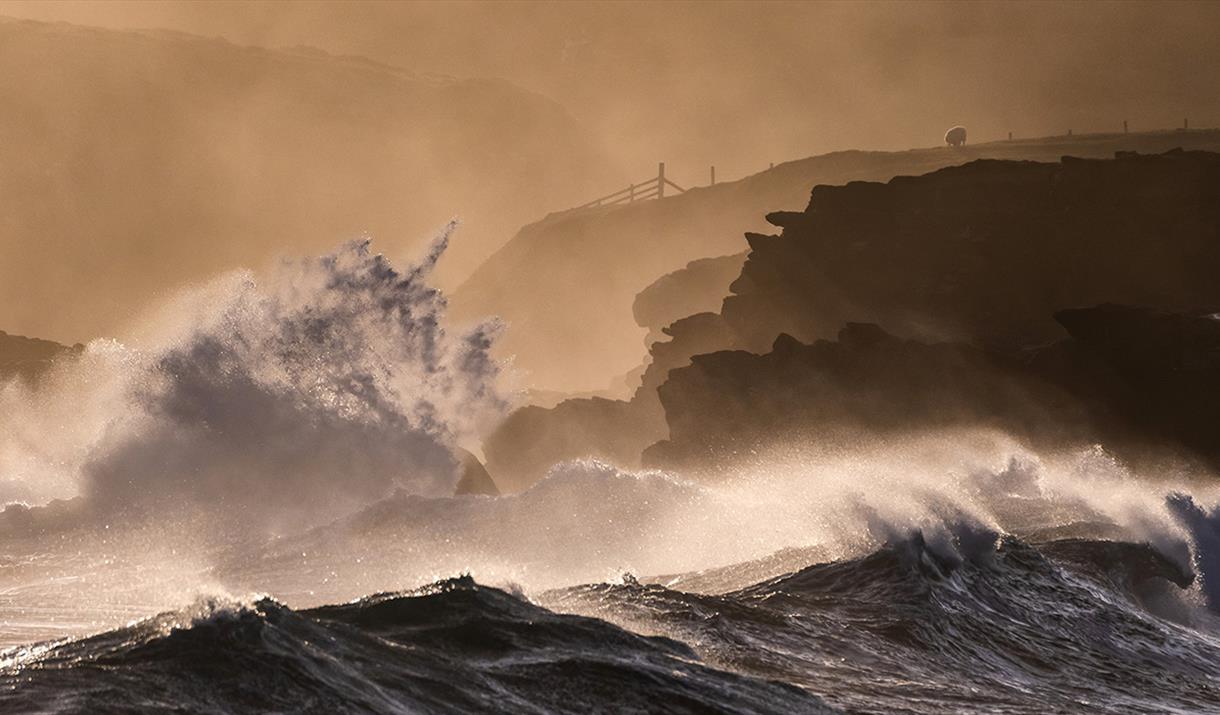 Huge Atlantic waves crashing at Port of Ness on the Isle of Lewis, lit by golden storm light and rising spray.