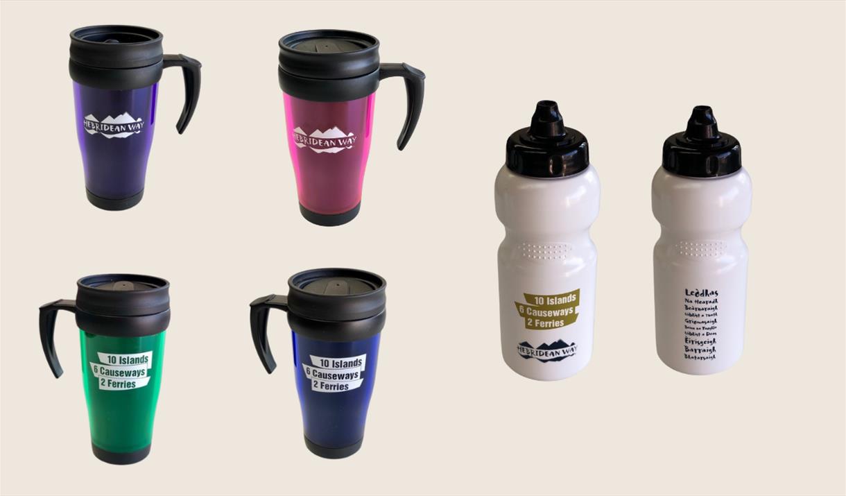 Visit Outer Hebrides Shop Hebridean Way branded Thermal Mugs and Water Bottles