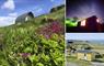 Exterior views of huts and cabins in green fields in a coastal landscape. One image is of a red hut at night with an aurora.