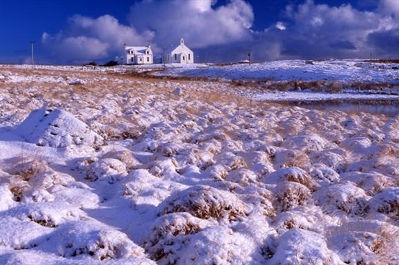 Benbecula Church of Scotland in snow