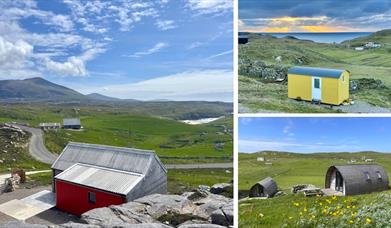 Mangersta Steading a vernacular cottage on a rocky hill overlooking rugged hills, sloping down to a beach. A Shepherd's Hut and two wooden cabins.