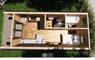 A birds eye, cut away view of the layout of the Lewis Longpod showing the separate bathroom and bunk bed room.