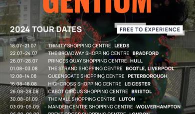 Text reads: Consensus Gentium, the film that watches you back. Tour dates are listed, with the Peterborough date being 12.08-14.08 at Queensgate Shopp
