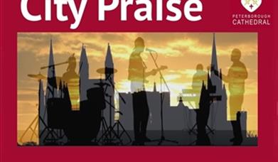 The cathedral is silhouetted against a sunset. An image of a band is overlaid.