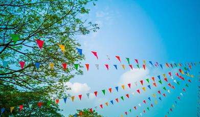 coloured bunting with blue sky.