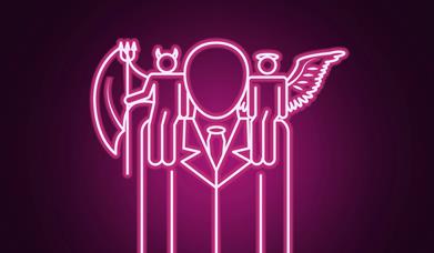 A neon pink outline of a man with a devil and an angel on each shoulder