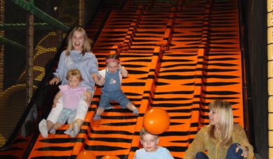 Family going down a slide at Safari Play!