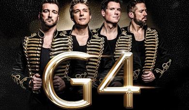 The UK's No1 vocal harmony quartet and original X Factor stars, G4, against a black background. Gold text reads 'Phantoms of the Popera G4, the bigges