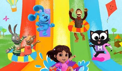 A variety of Milkshake characters, such as Dora the Explorer and Smurfette, sliding down a rainbow. Text reads 'Milkshake live! Milkshake on holiday.'