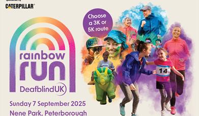 Images of people covered in colourful powder doing the Rainbow Run. Text reads: Rainbow Run, Deafblind UK, Sunday 7 September 2025 Nene Park, Peterbor