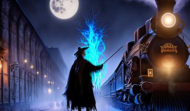 Wizard pointing his wand to a train
