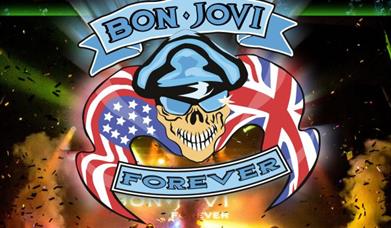 Bon Jovi Forever performing on stage, with their logo (a skull in sunglasses and a hat against the American flag and Union Jack) in the middle of the 