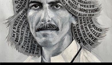 A greyscale painting of George Harrison. Text reads 'the George Harrison project'.