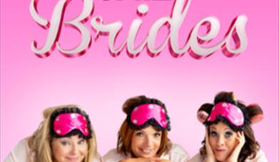 A pink background with three ladies with sleeping masks on their heads smiling on the edge of a bed. Text reads 'Mothers of the Brides'