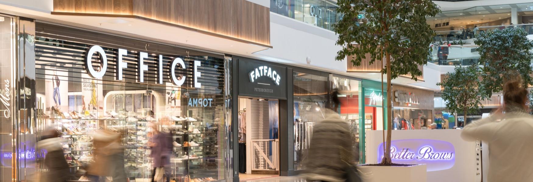 Inside Queensgate Shopping Centre - shops in the picture include Office, FatFace, Paperchase, Super Dry, Quiz, and Better Brows