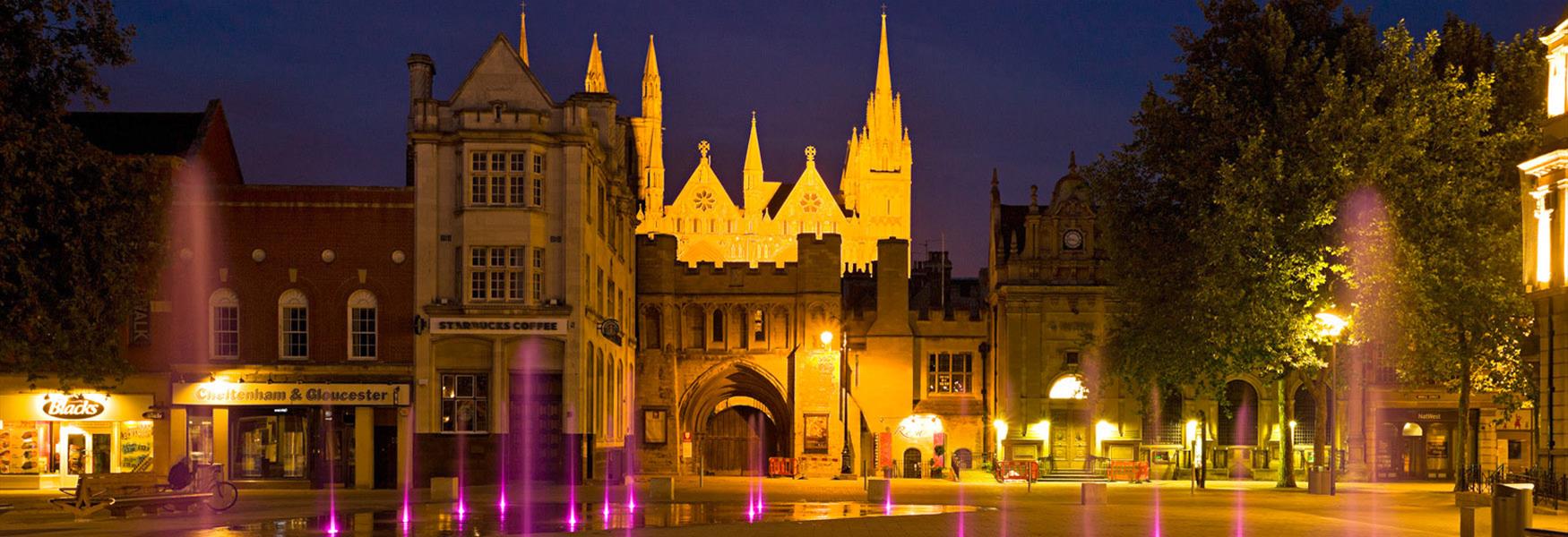 Cathedral Square's fountains light up at night