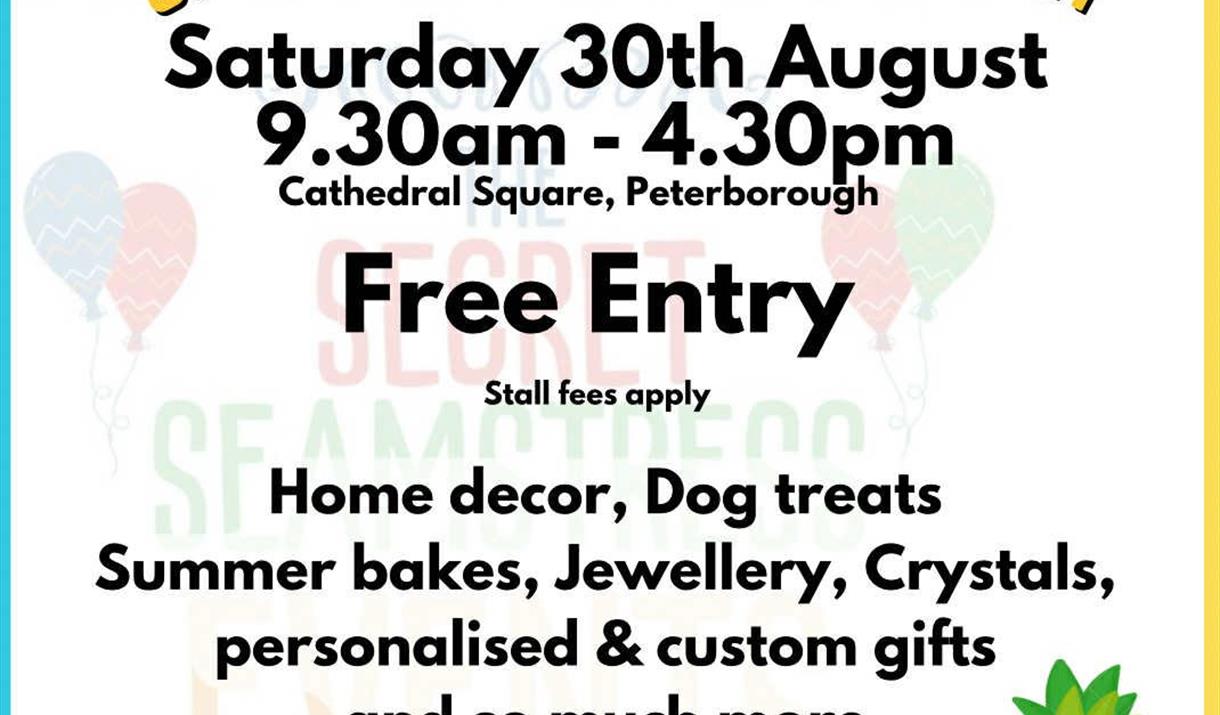 A white background with a yellow and blue border. Text reads: Cathedral Square Market, Saturday 30th August, 9.30am-4.30pm. Free entry. Home decor, do