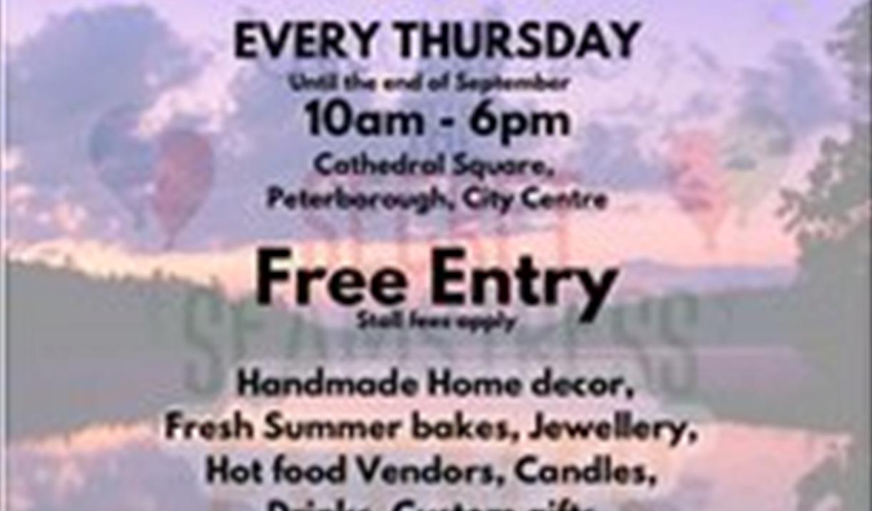 Purple landscape background. Text reads: Summer Market till late every Thursday 10am-6pm. Cathedral Square, free entry. Handmade home decor, fresh sum