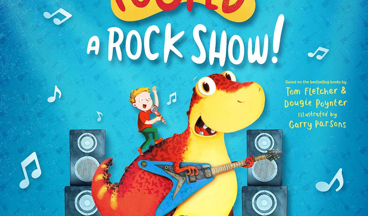 Danny and Dino performing onstage with a guitar against a blue background. Text reads 'A new musical adventure live on stage. The Dinosaur that Pooped