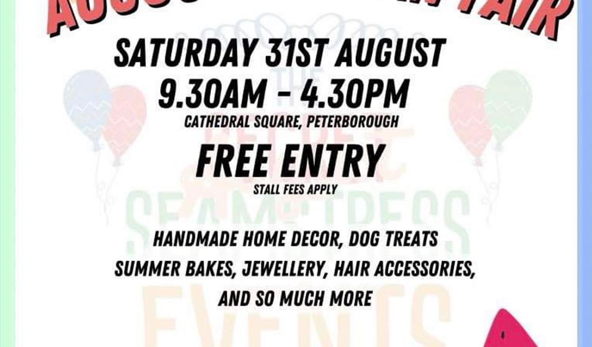 A white, green and blue background with a watermelon and flower. Text reads: August artisan fair. Saturday 31 August, 9:30am - 4:30pm, free entry.