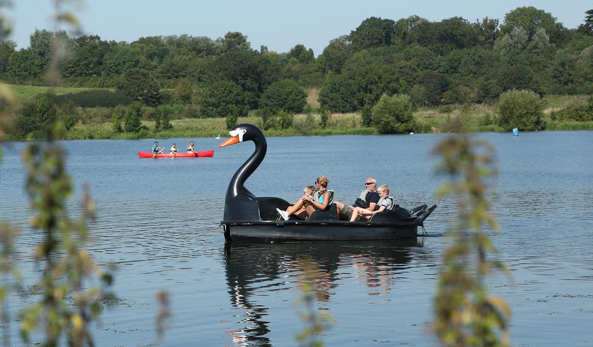 A family enjoys a pedalo ride in Ferry Meadows