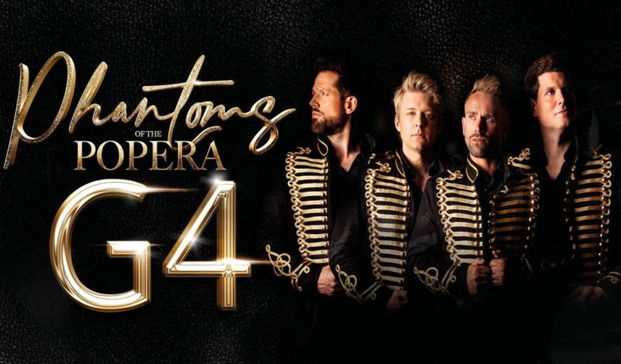 Four men in gold and black jackets. Gold writing reads 'Phantoms of the Popera, G4'