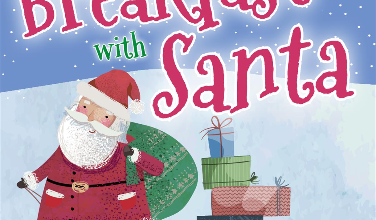 A cartoon image of Santa pulling a sleigh filled with wrapped presents on a snowy background, with the phrase 'Breakfast with Santa' filling the top o