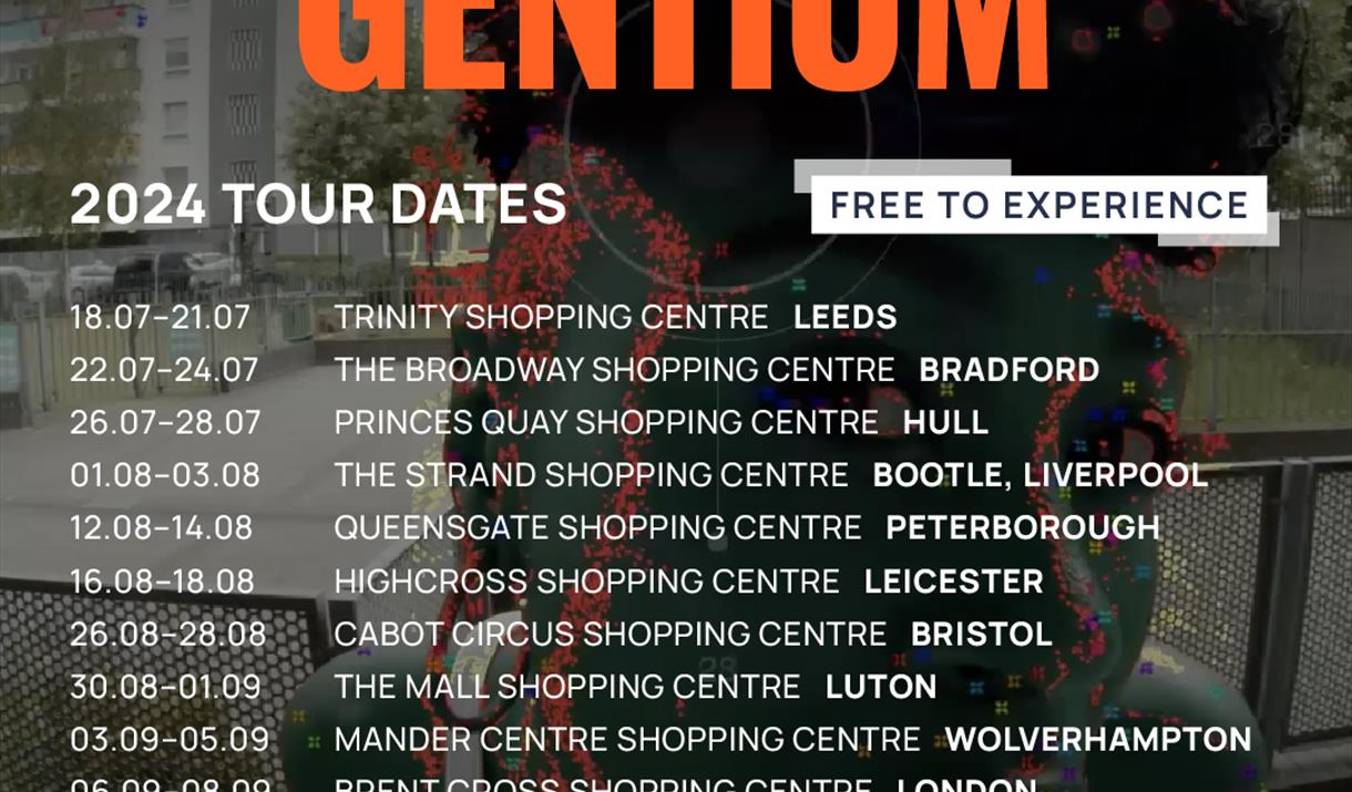 Text reads: Consensus Gentium, the film that watches you back. Tour dates are listed, with the Peterborough date being 12.08-14.08 at Queensgate Shopp