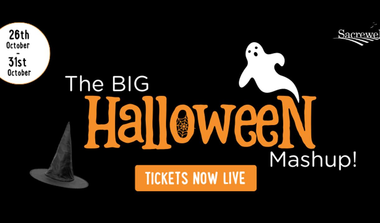 Black background with an image of a ghost. Orange writing reads: The Big Halloween Mashup! Tickets now live.