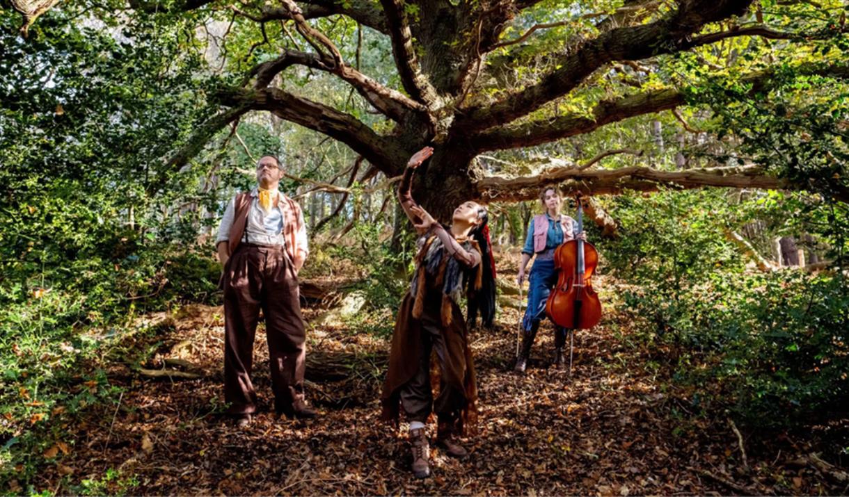 Three people walking through and dancing in a forest.
