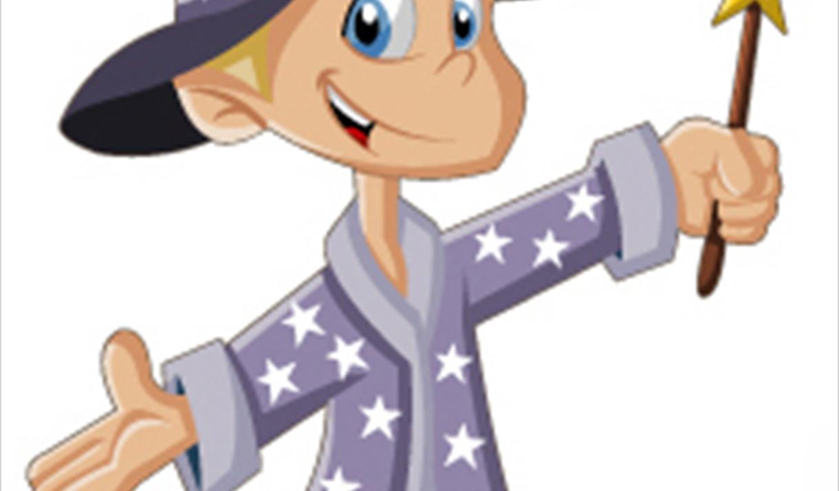 Cartoon of smiling child wizard in blue starry robes holding a wand