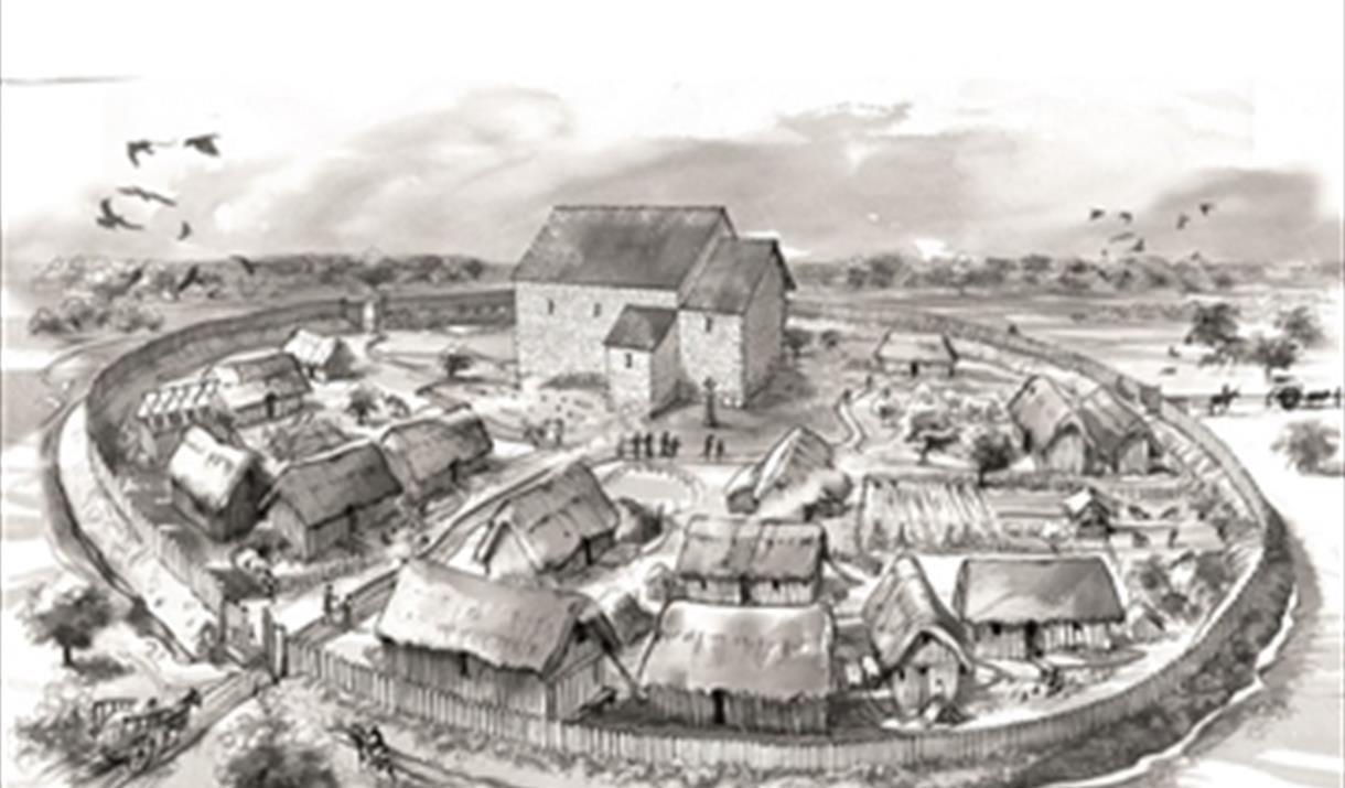 A greyscale watercolour painting of a Saxon settlement.